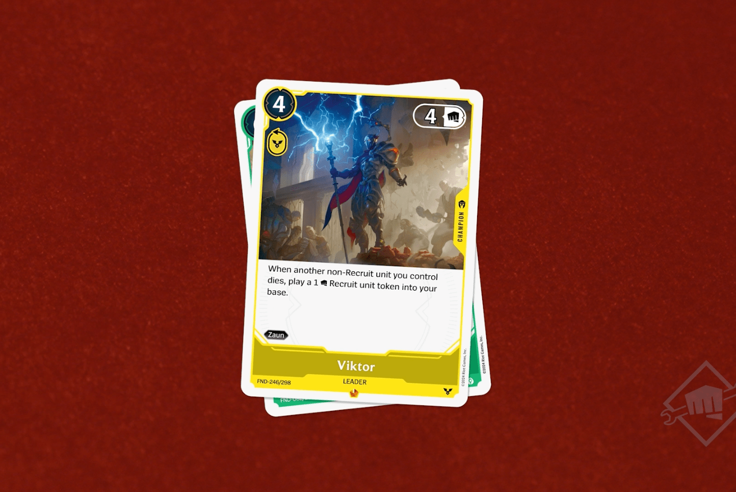Viktor’s champion card in Riot Games’ League of Legends trading card game, Project K. The text reads: When another non-Recruit unit you control dies, play a 1 strength Recruit unit token into your base