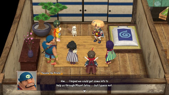 A group of friends and a talking ferret gather in a hotel in Shiren the Wanderer: The Mystery Dungeon of Serpentcoil Island.
