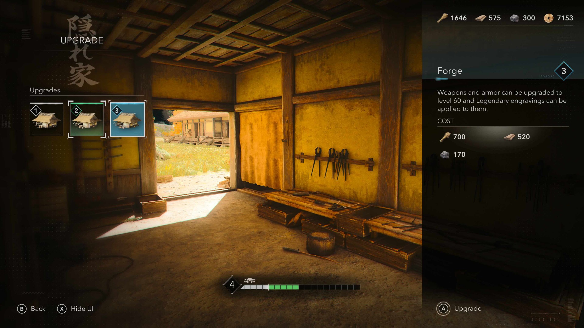 An Assassin’s Creed Shadows Hideout menu shows the Forge indicating the max level cap