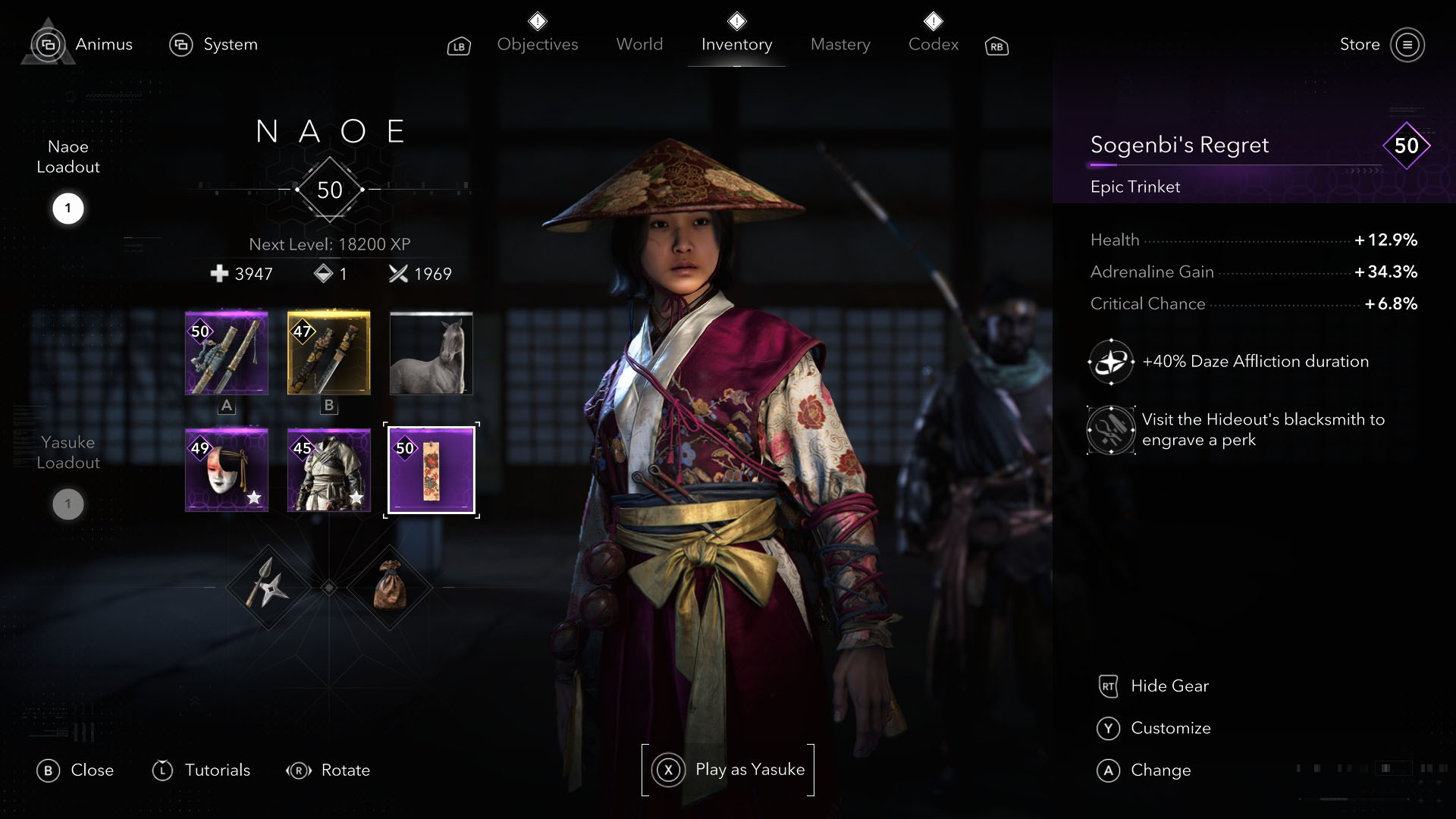 A menu shows Naoe rocking level 50 gear in Assassin’s Creed Shadows