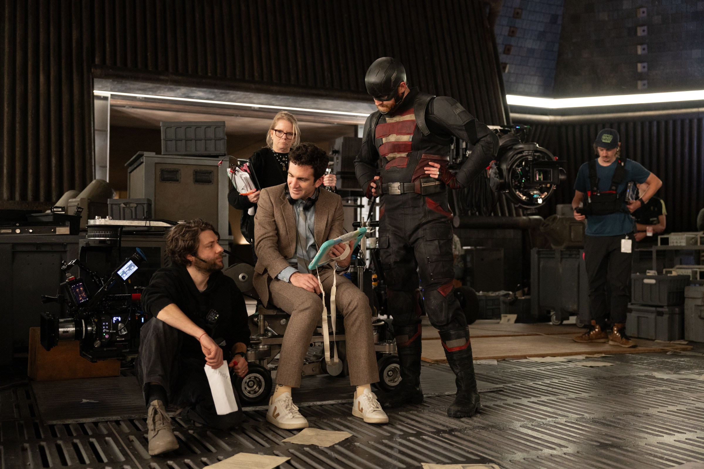 Director Jake Schreier gives notes to Wyatt Russell on the set of Thunderbolts*