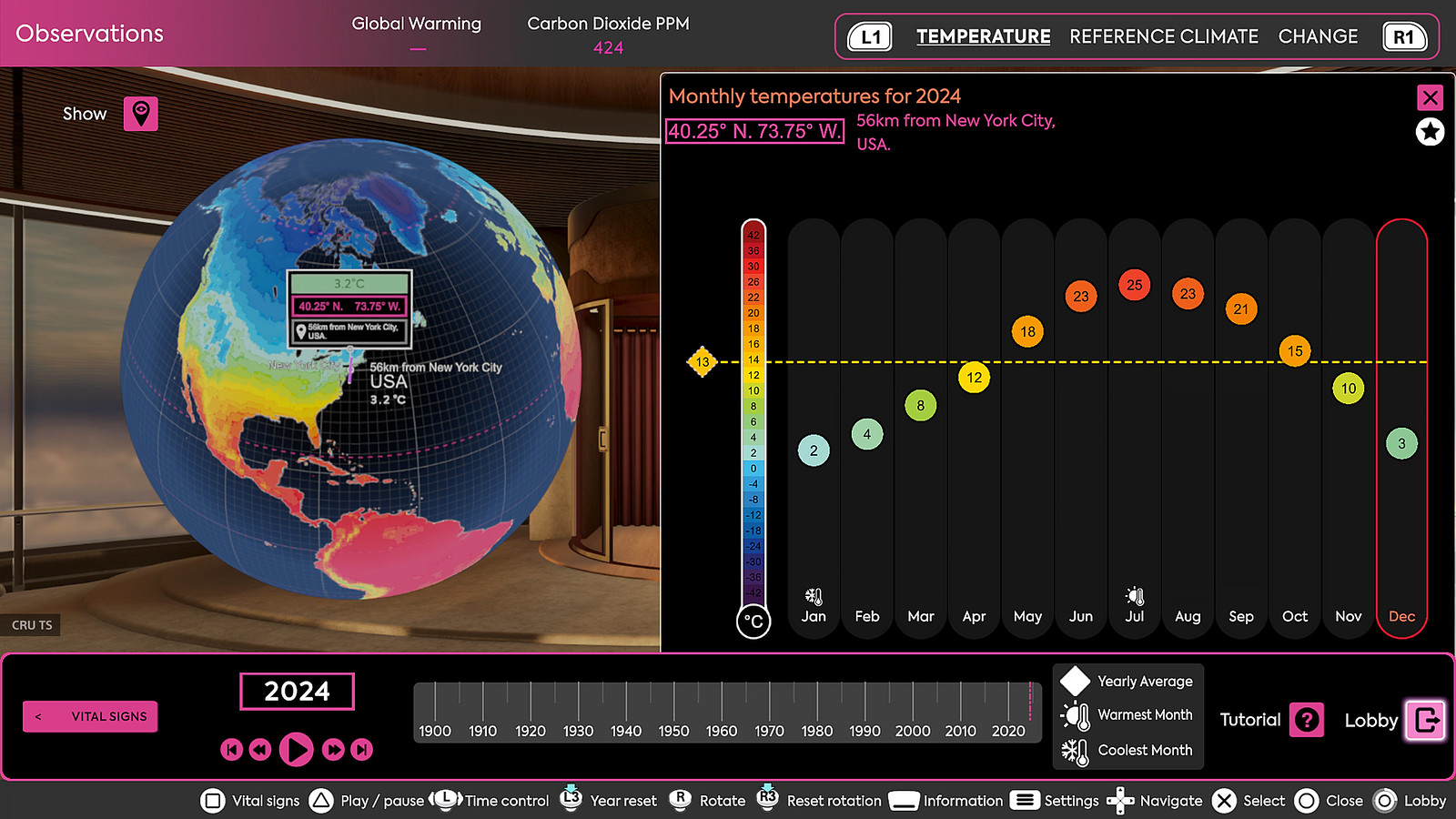 : A screenshot of Climate Station displaying a 3D model of Earth centered on New York City and a bar chart of monthly average temperatures for 2024.