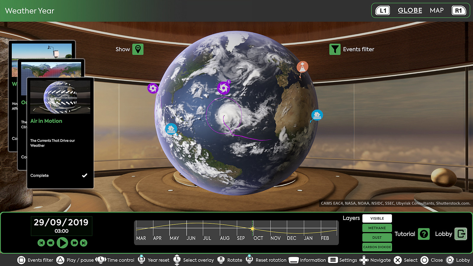 A screenshot of Climate Station displaying a 3D model of Earth with weather patterns, showing the visible layer in September 2019. Notable climate events are overlaid on the planet.